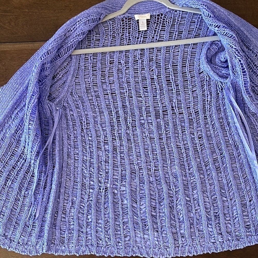 CHICO’S Purple Open Front Chunky Knit Cardigan Sz. 1/ MD. - Picture 9 of 12
